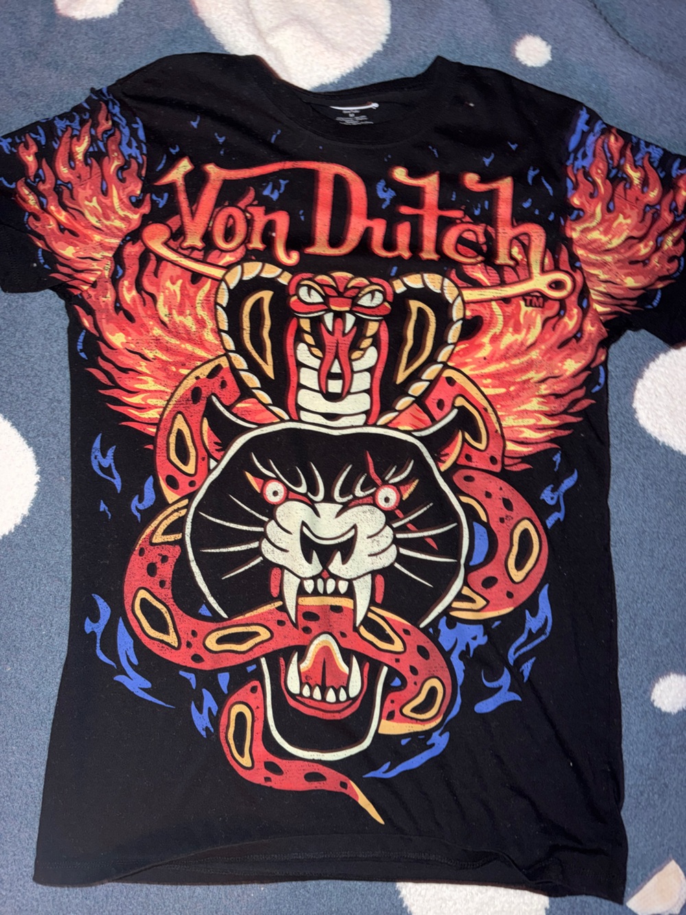 Women’s Von Dutch Graphic Black T Shirt Dress with Red and Yellow Skull Design